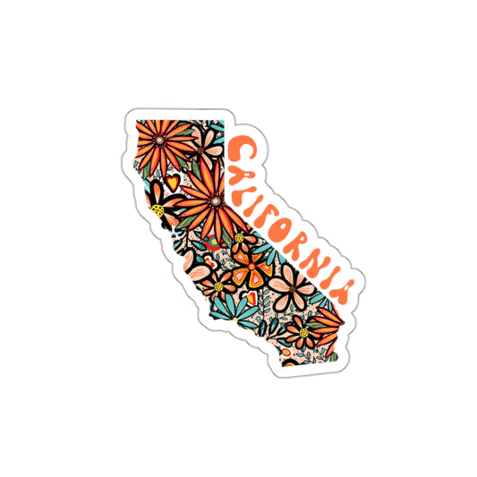 California State Sticker | Vinyl Artist Designed Illustration Featuring California State Outline Filled With Retro Flowers with Retro Hand-Lettering Die-Cut Stickers