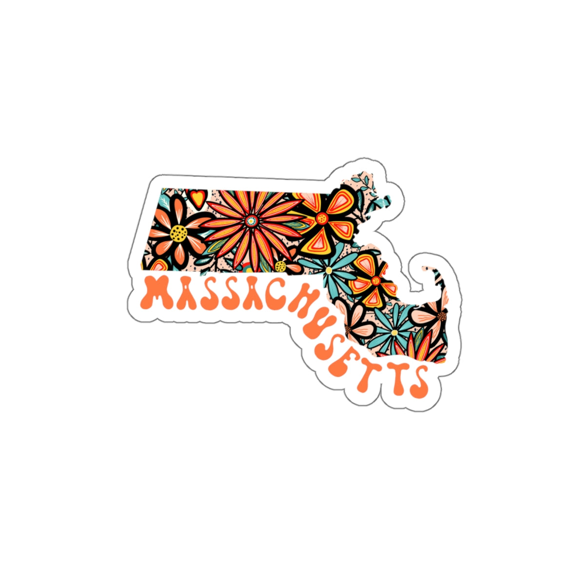 Massachusetts State Sticker | Vinyl Artist Designed Illustration Featuring Massachusetts State Outline Filled With Retro Flowers with Retro Hand-Lettering Die-Cut Stickers