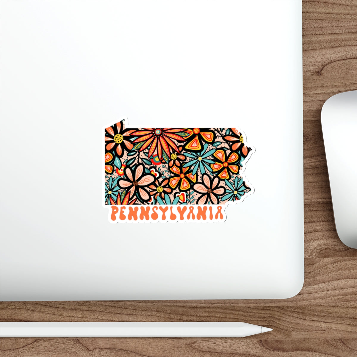 Pennsylvania State Sticker | Vinyl Artist Designed Illustration Featuring Pennsylvania State Filled With Retro Flowers with Retro Hand-Lettering Die-Cut Stickers