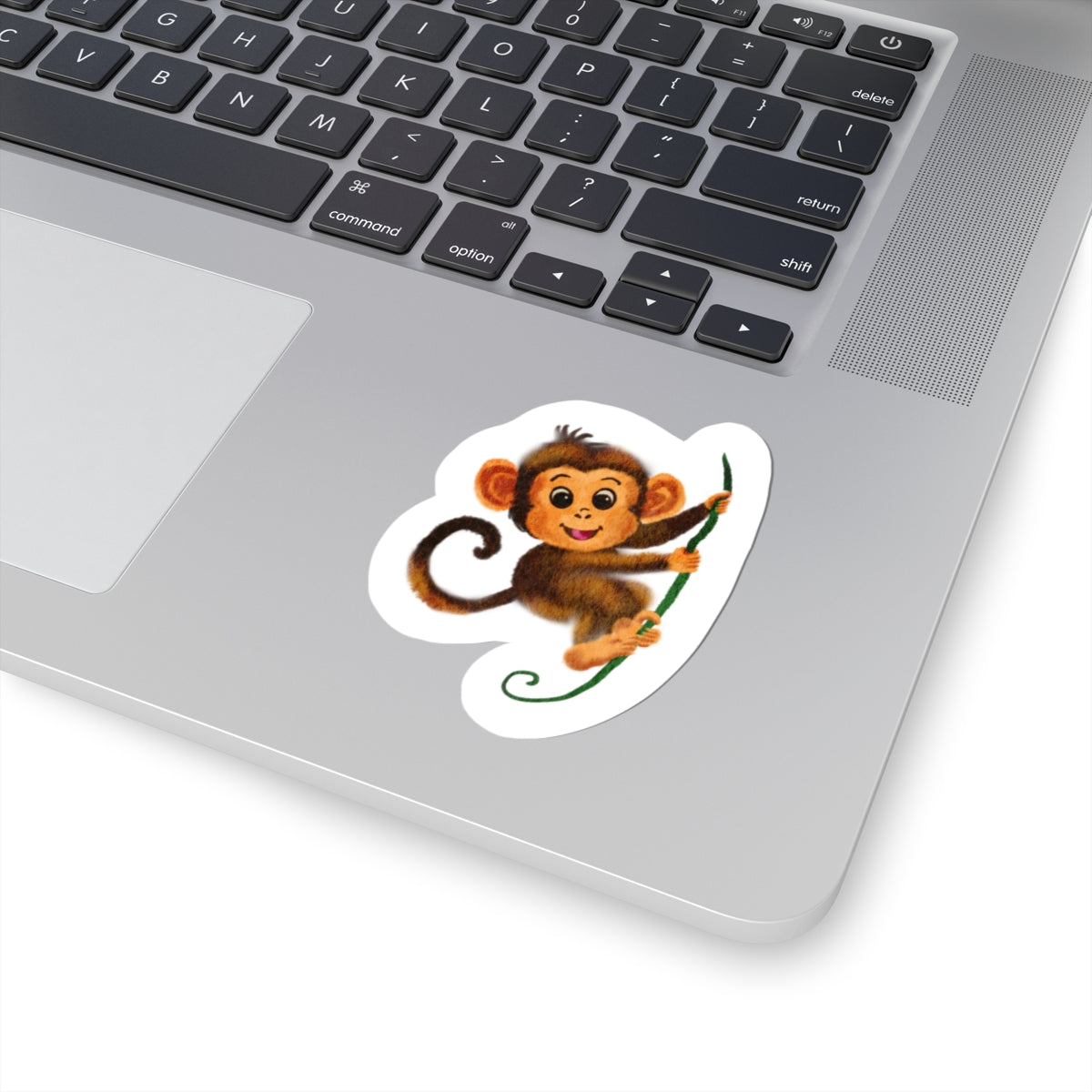 Cute Baby Monkey Kiss-Cut Sticker — Playful Hanging Monkey Vinyl Decal