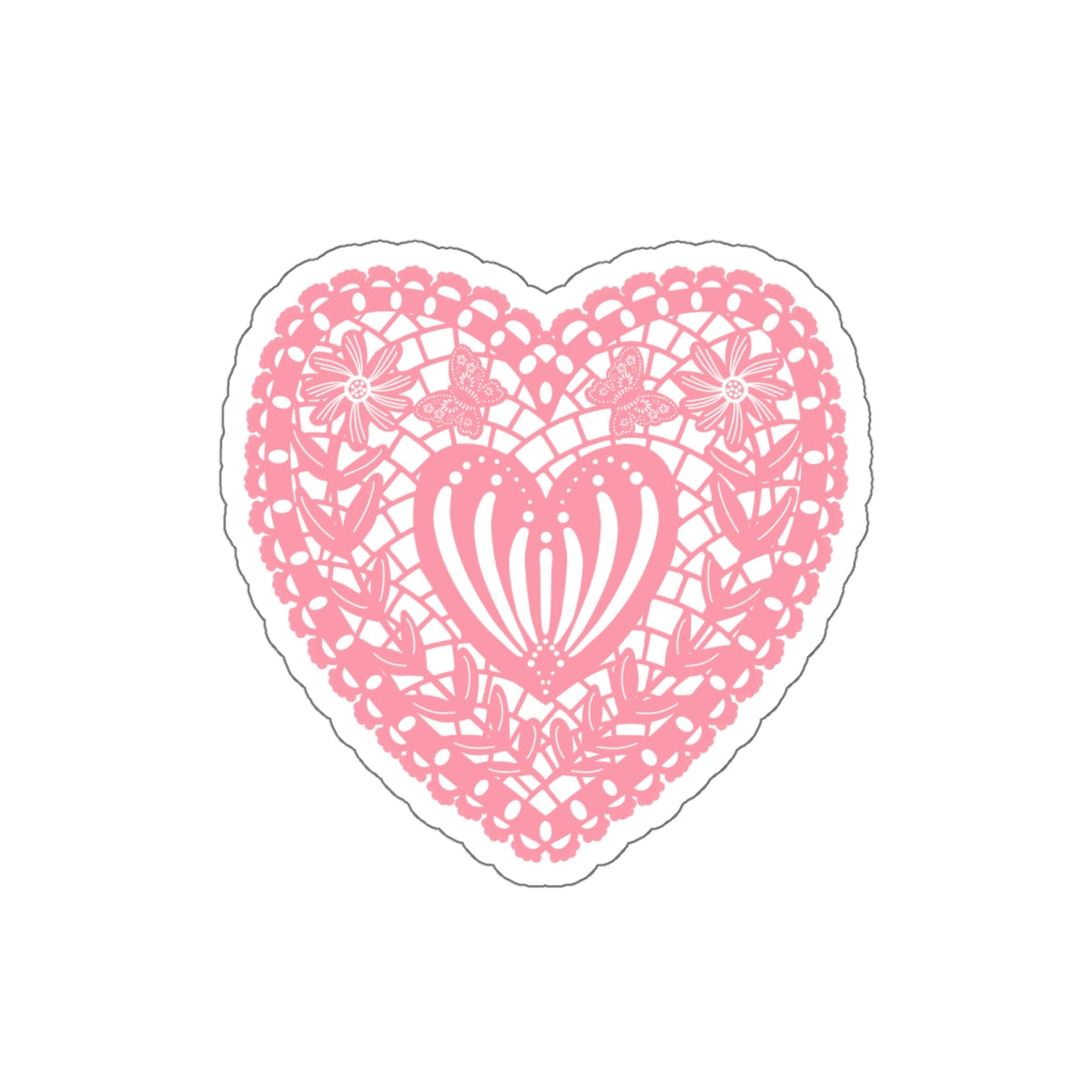 Paper Cut Style Heart with Flowers and Butterflies Die-Cut Stickers