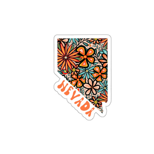 Nevada State Sticker | Vinyl Artist Designed Illustration Featuring Nevada State Outline Filled With Retro Flowers with Retro Hand-Lettering Die-Cut Stickers