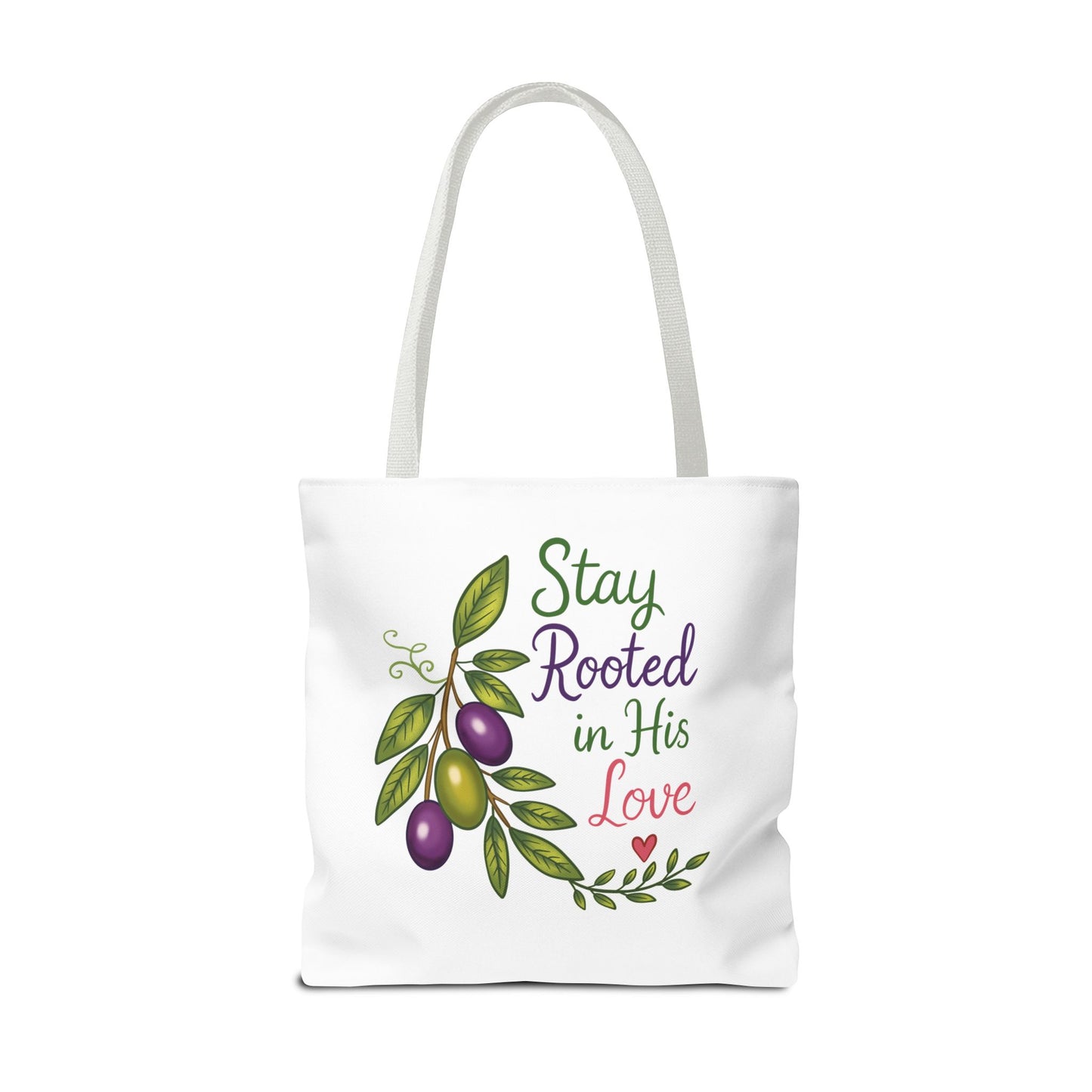 Stay Rooted in His Love Tote Bag — Faith-Based Olive Branch Canvas Tote
