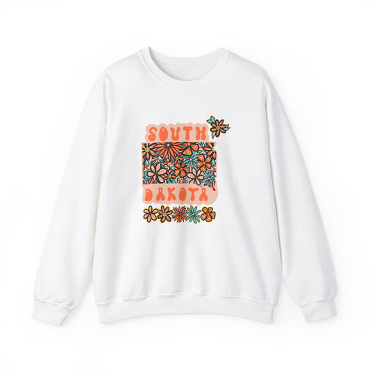 Retro 70s Flowers South Dakota State Design — Heavy Blend™ Crewneck Sweatshirt