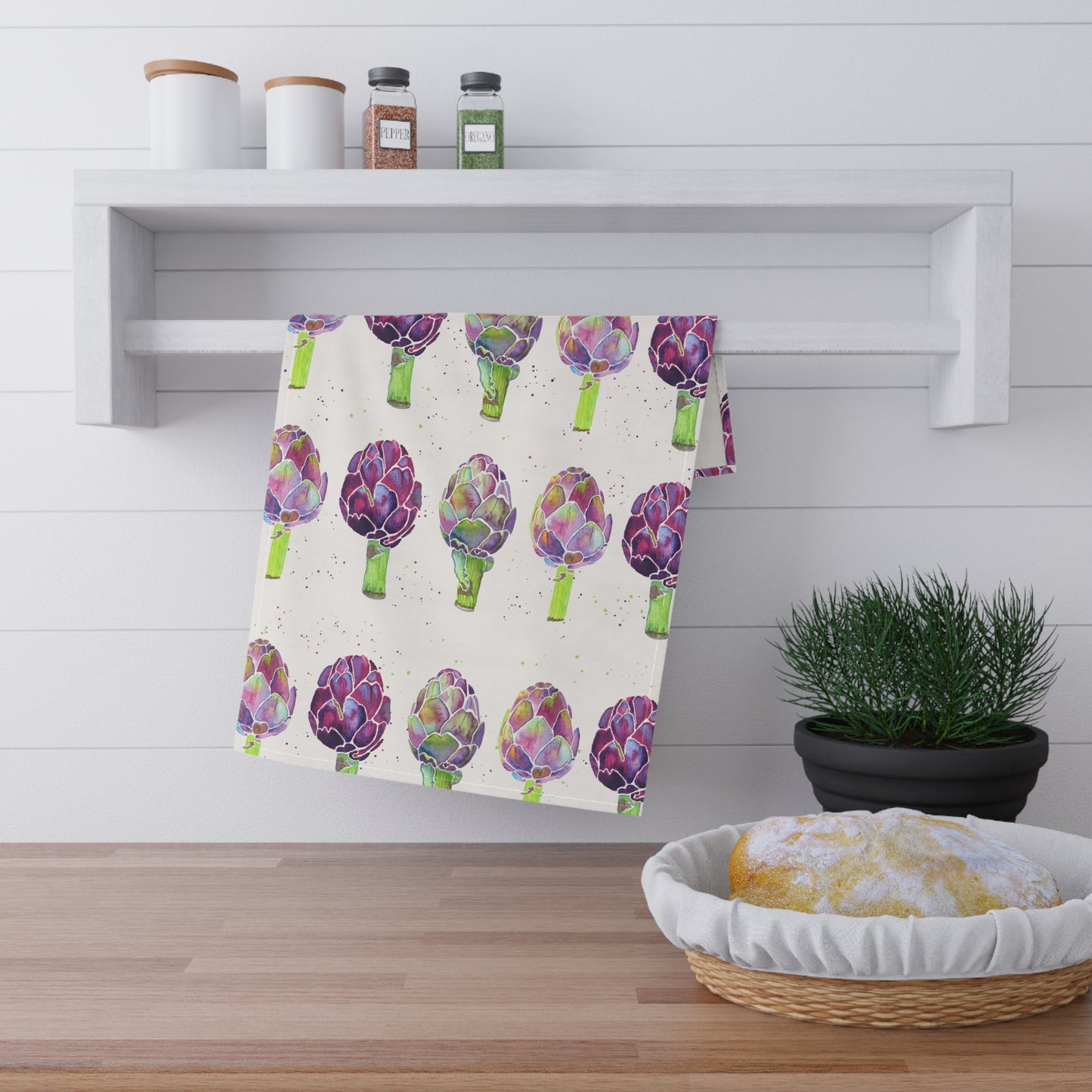 Watercolor Artichoke Stripes Kitchen Towel