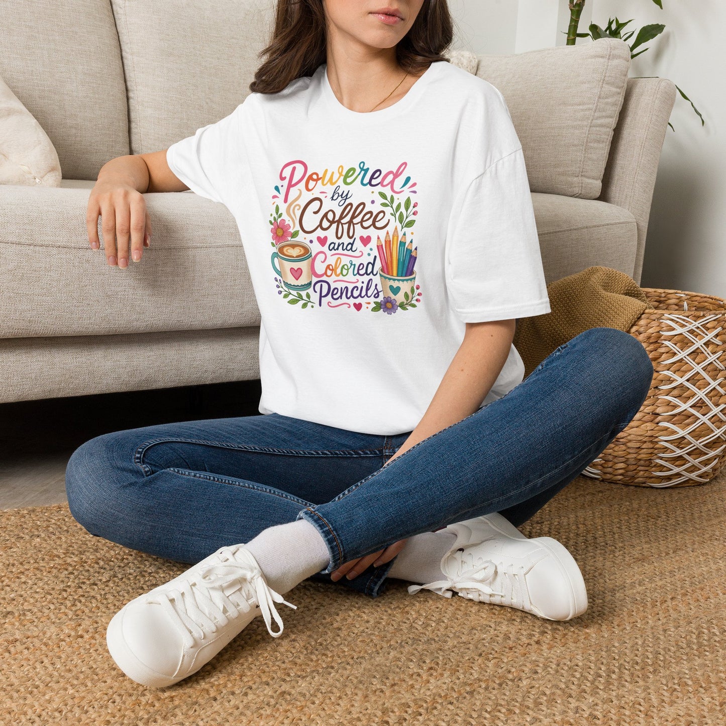 T-Shirt — "Powered by Coffee and Colored Pencils" Cute Artist Graphic Tee