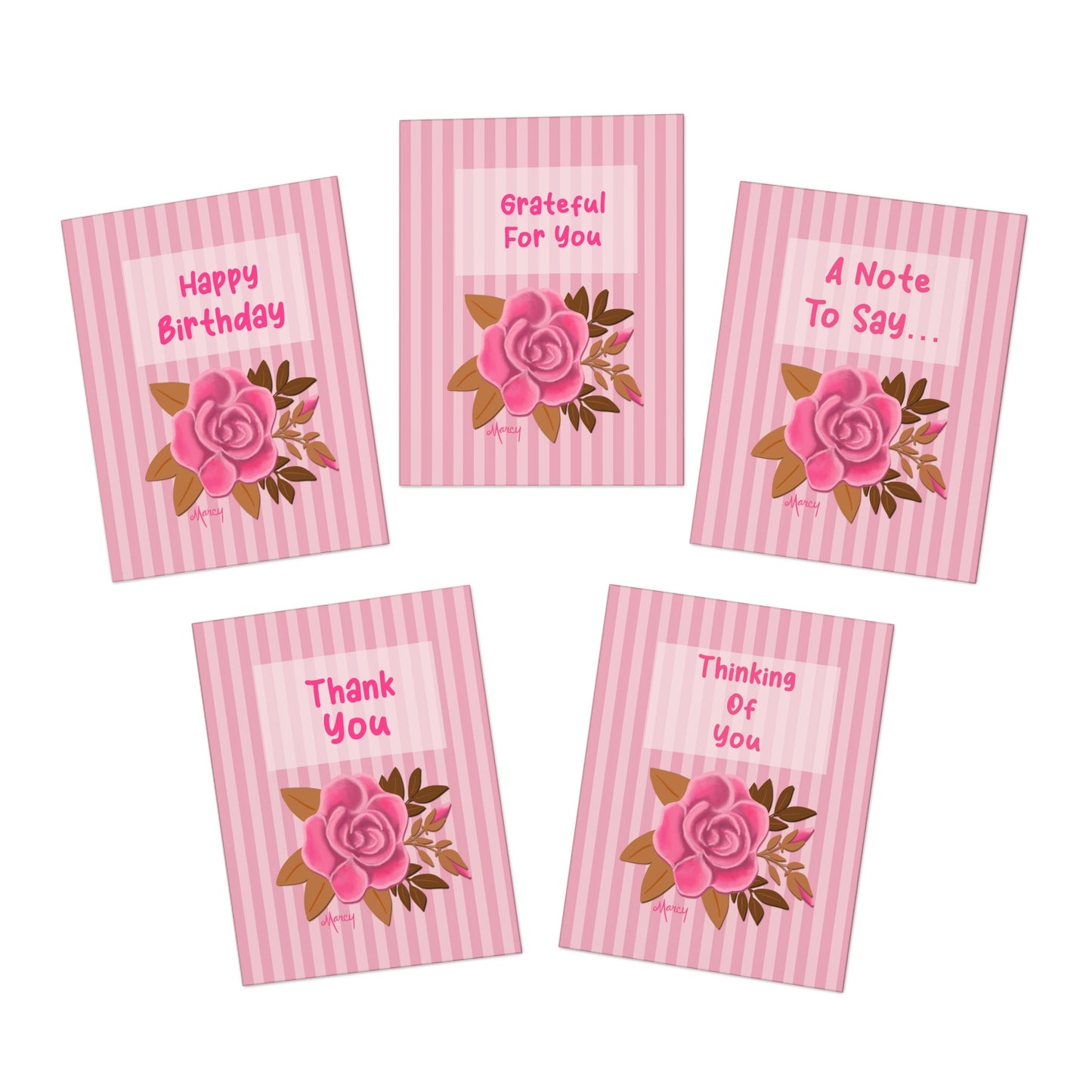 Pink Rose on Pink Stripes Multi-Occasion Multi-Design Greeting Cards (5-Pack) FREE SHIPPING