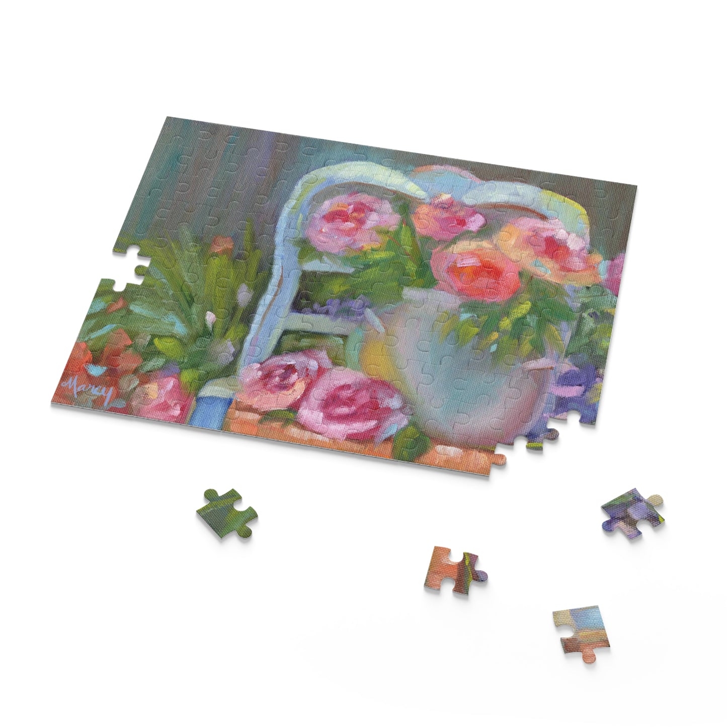 Pink Roses in Blue Crockery on French Chair Puzzle (120, 252, 500-Piece)