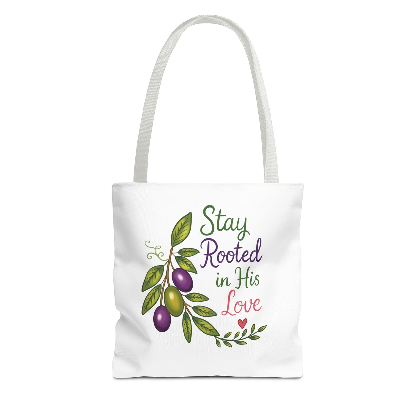 Stay Rooted in His Love Tote Bag — Faith-Based Olive Branch Canvas Tote