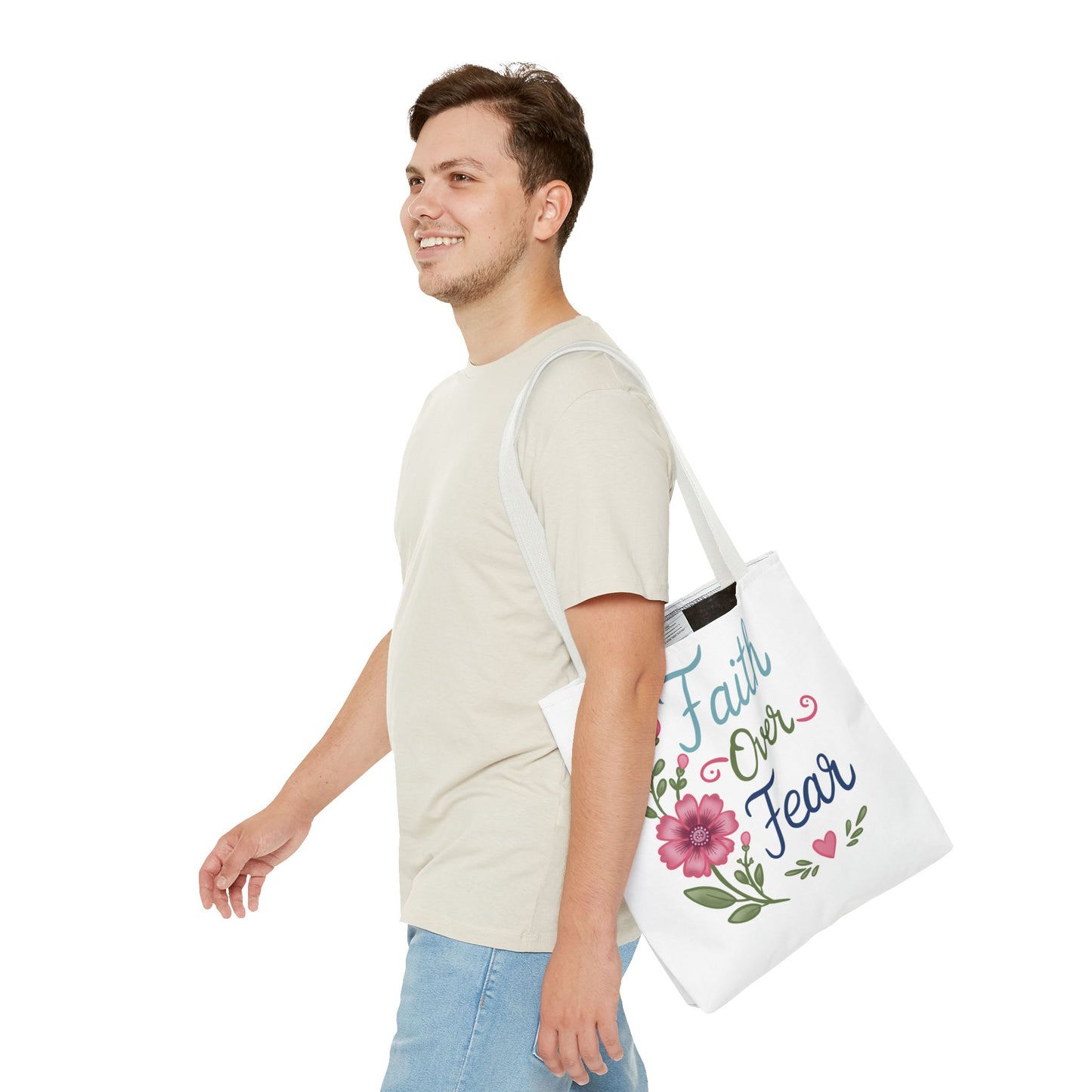 Faith Over Fear Floral Tote Bag — Inspirational Scripture Canvas Bag