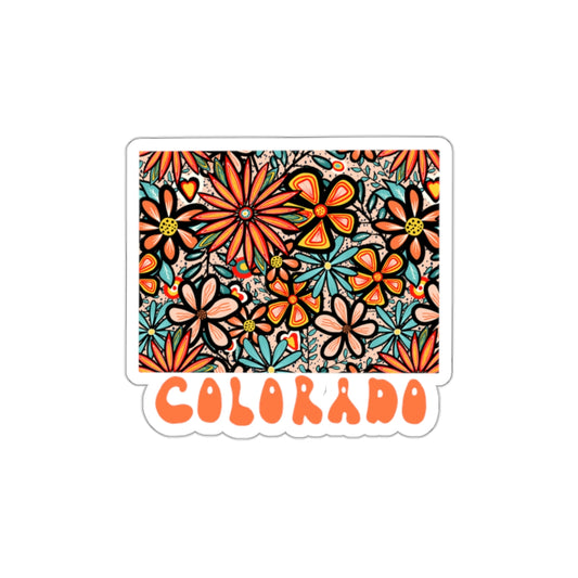 Colorado State Sticker | Vinyl Artist Designed Illustration Featuring Colorado State Outline Filled With Retro Flowers with Retro Hand-Lettering Die-Cut Stickers