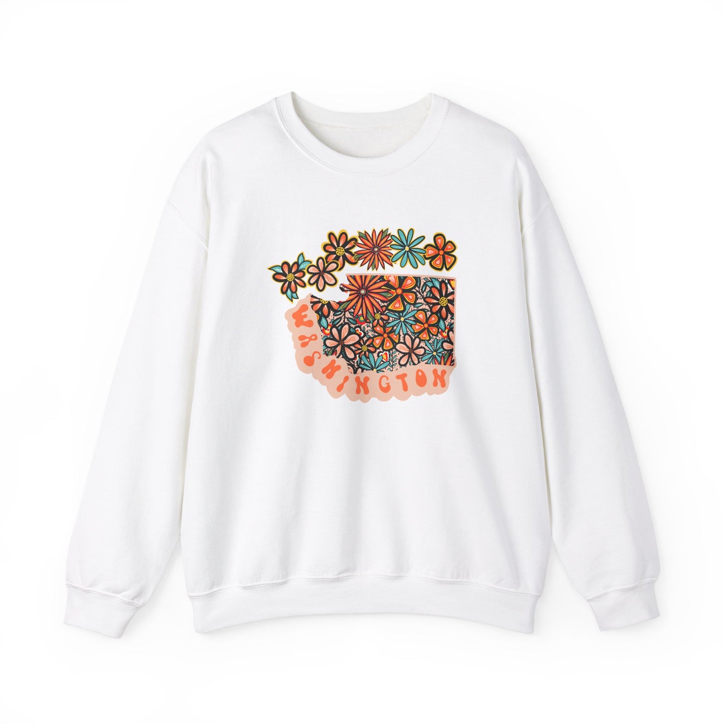 Retro 70s Flowers Washington State Design — Heavy Blend™ Crewneck Sweatshirt