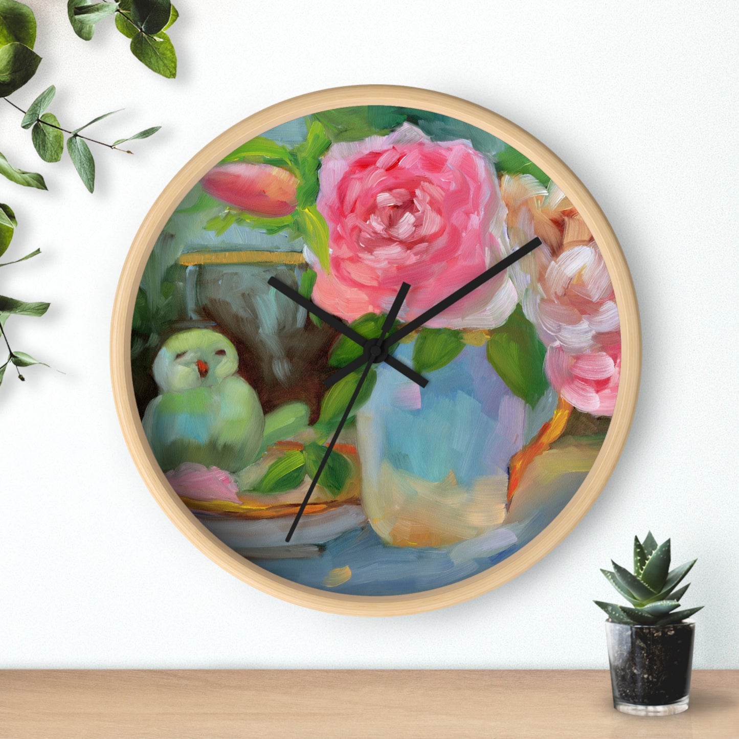 Floral Parrot Wall Clock — Pink Roses & Bird Still Life Home Decor