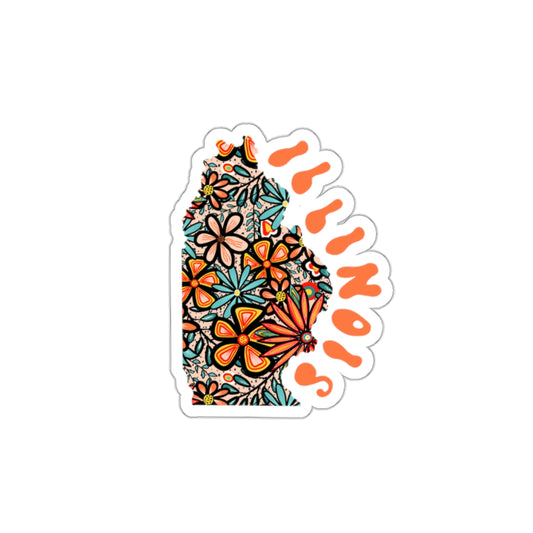 Illinois State Sticker | Vinyl Artist Designed Illustration Featuring Illinois State Outline Filled With Retro Flowers with Retro Hand-Lettering Die-Cut Stickers