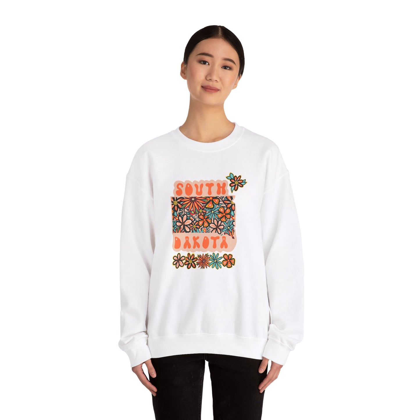 Retro 70s Flowers South Dakota State Design — Heavy Blend™ Crewneck Sweatshirt