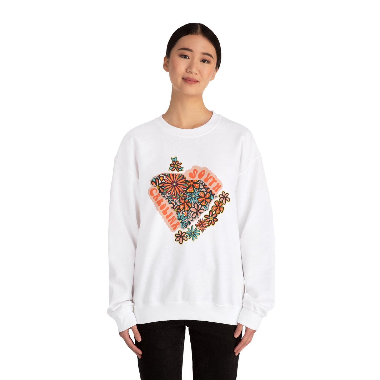 Retro 70s Flowers South Carolina State Design — Heavy Blend™ Crewneck Sweatshirt