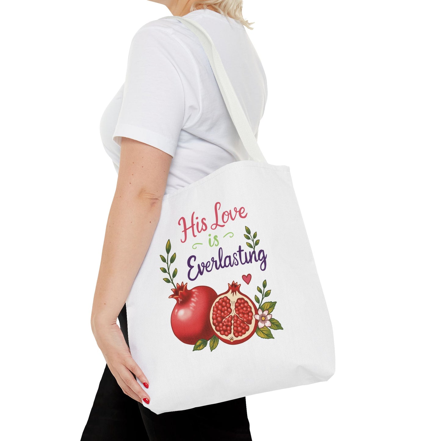 His Love Is Everlasting Pomegranate Tote Bag — Christian Floral Grocery Tote
