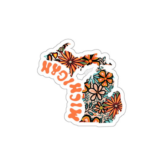 Michigan State Sticker | Vinyl Artist Designed Illustration Featuring Michigan State Outline Filled With Retro Flowers with Retro Hand-Lettering Die-Cut Stickers