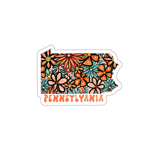 Pennsylvania State Sticker | Vinyl Artist Designed Illustration Featuring Pennsylvania State Filled With Retro Flowers with Retro Hand-Lettering Die-Cut Stickers