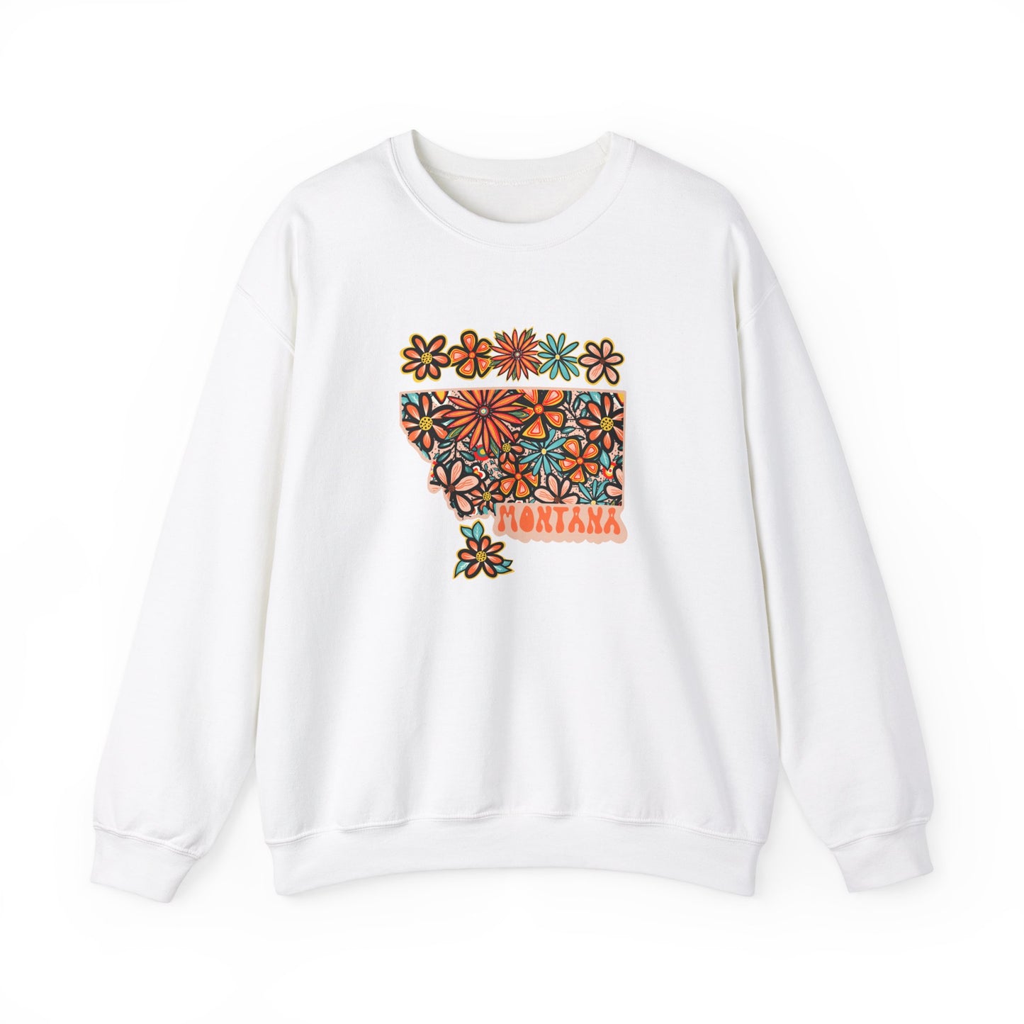 Retro 70s Flowers Montana State Design — Heavy Blend™ Crewneck Sweatshirt