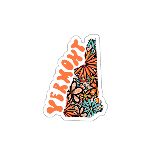 Vermont State Sticker | Vinyl Artist Designed Illustration Featuring Vermont State Filled With Retro Flowers with Retro Hand-Lettering Die-Cut Stickers