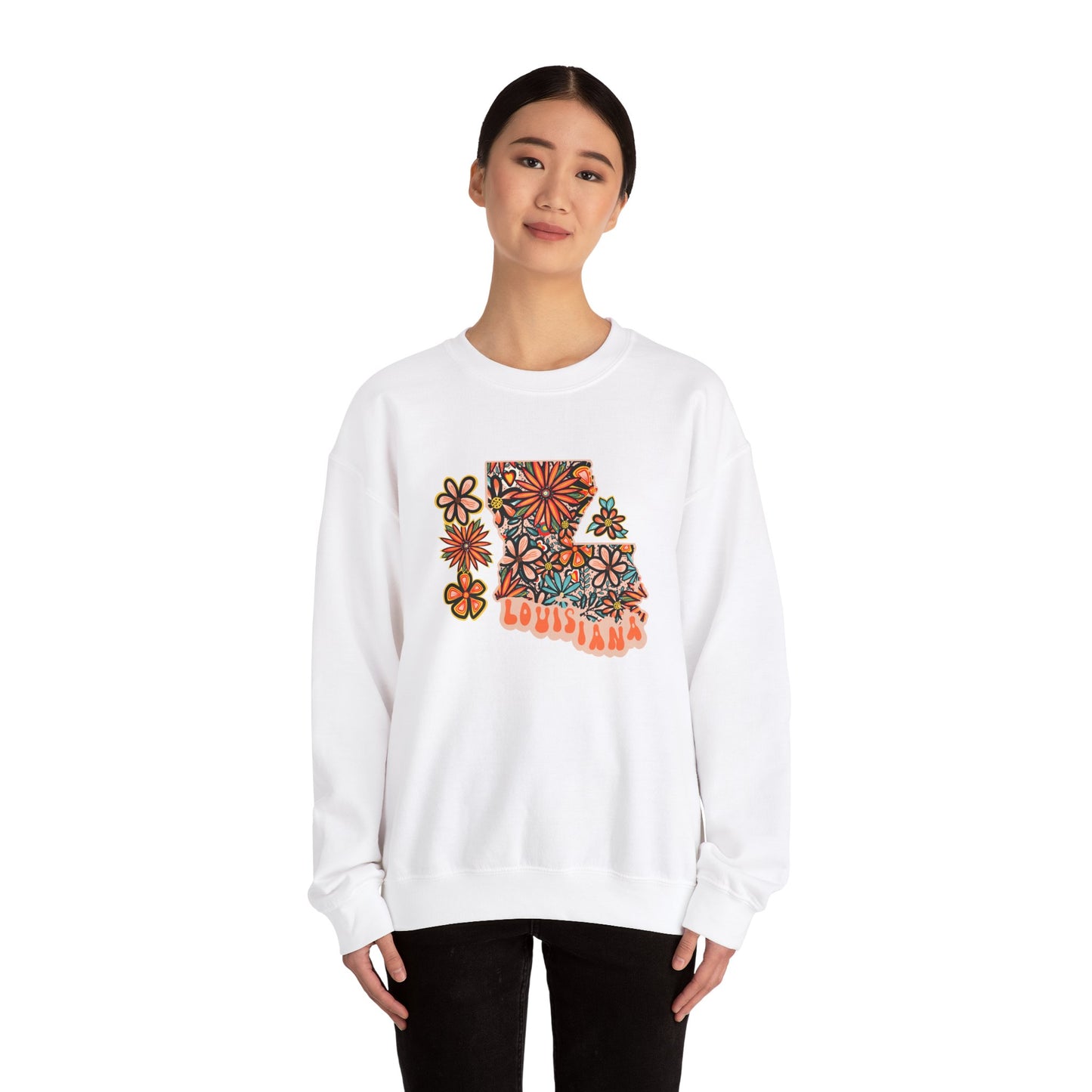 Retro 70s Flowers Louisiana State Design — Heavy Blend™ Crewneck Sweatshirt