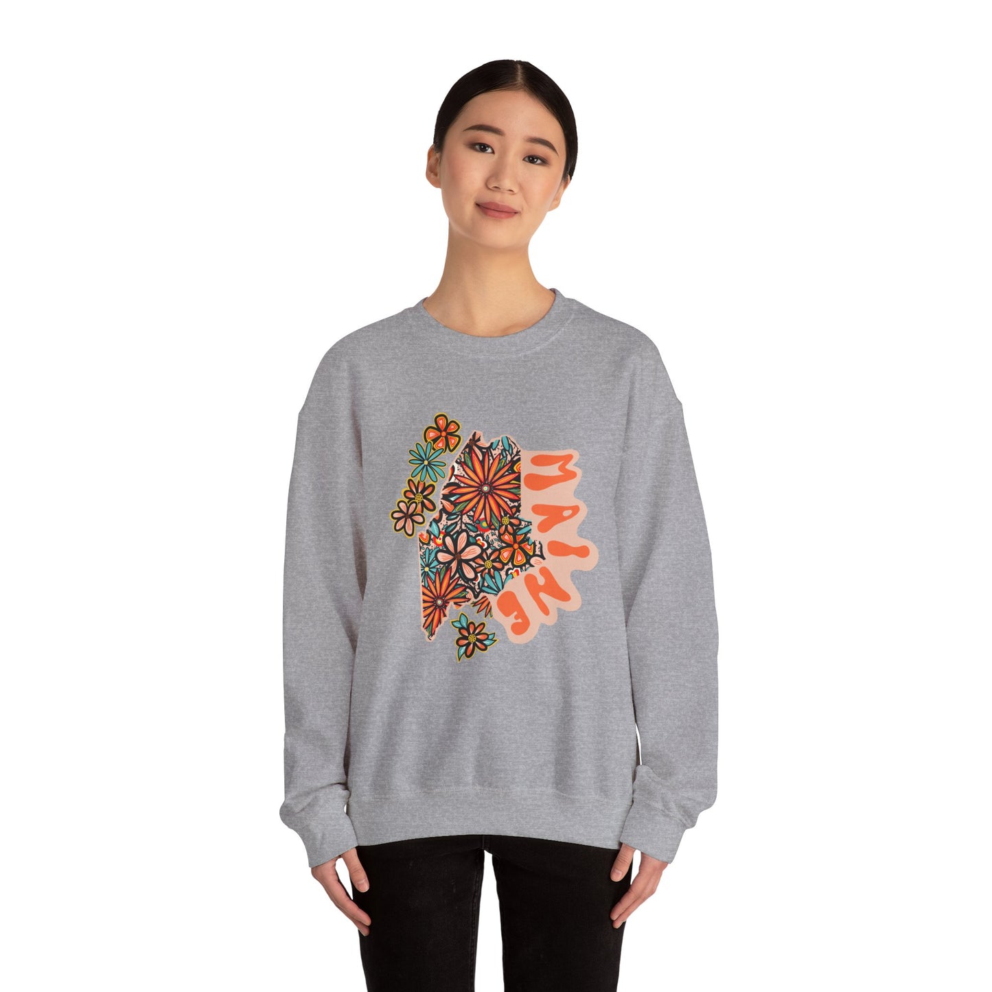 Retro 70s Flowers Maine State Design — Heavy Blend™ Crewneck Sweatshirt