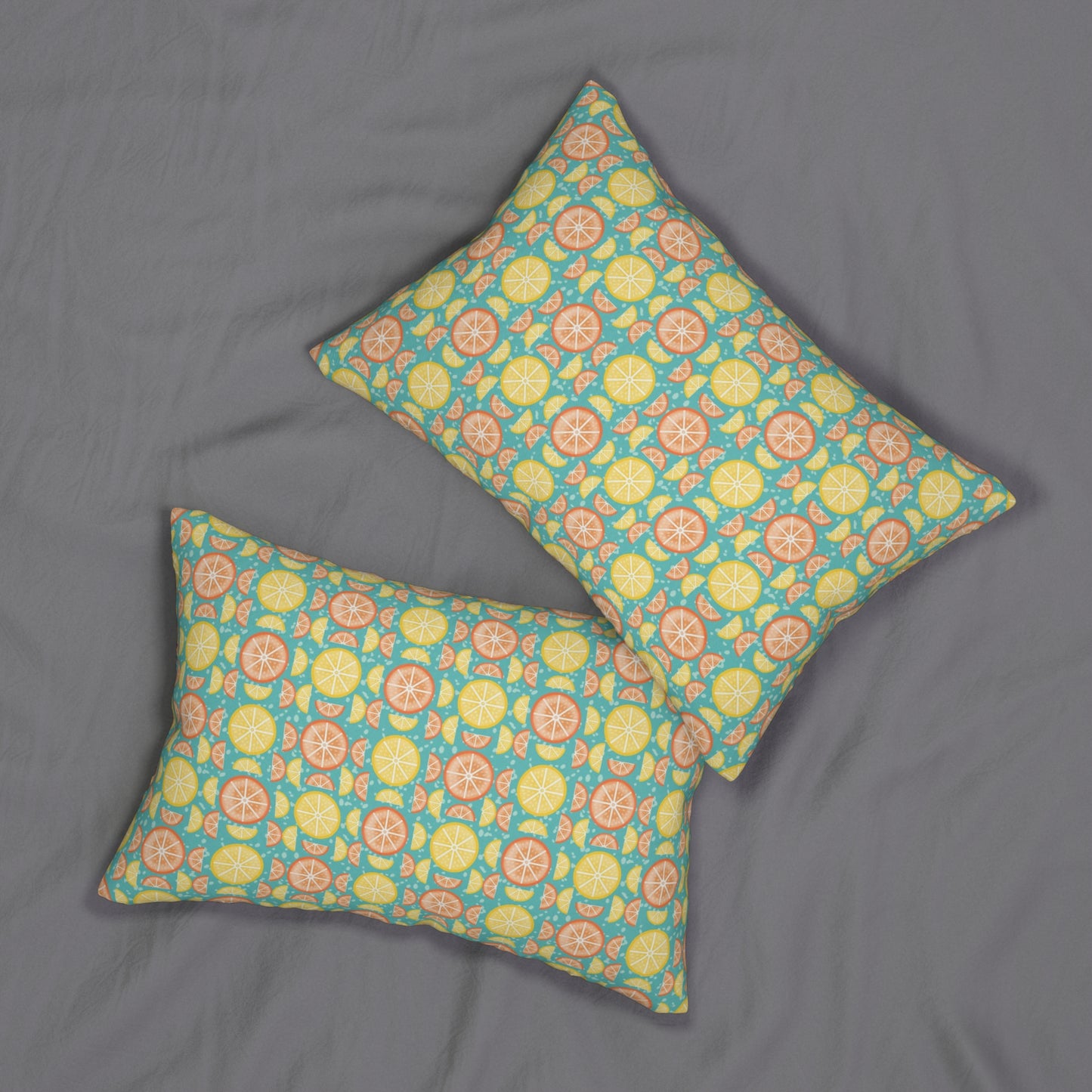 Citrus Slices Lumbar Pillow: Vibrant Orange and Lemon Design on Turquoise Background