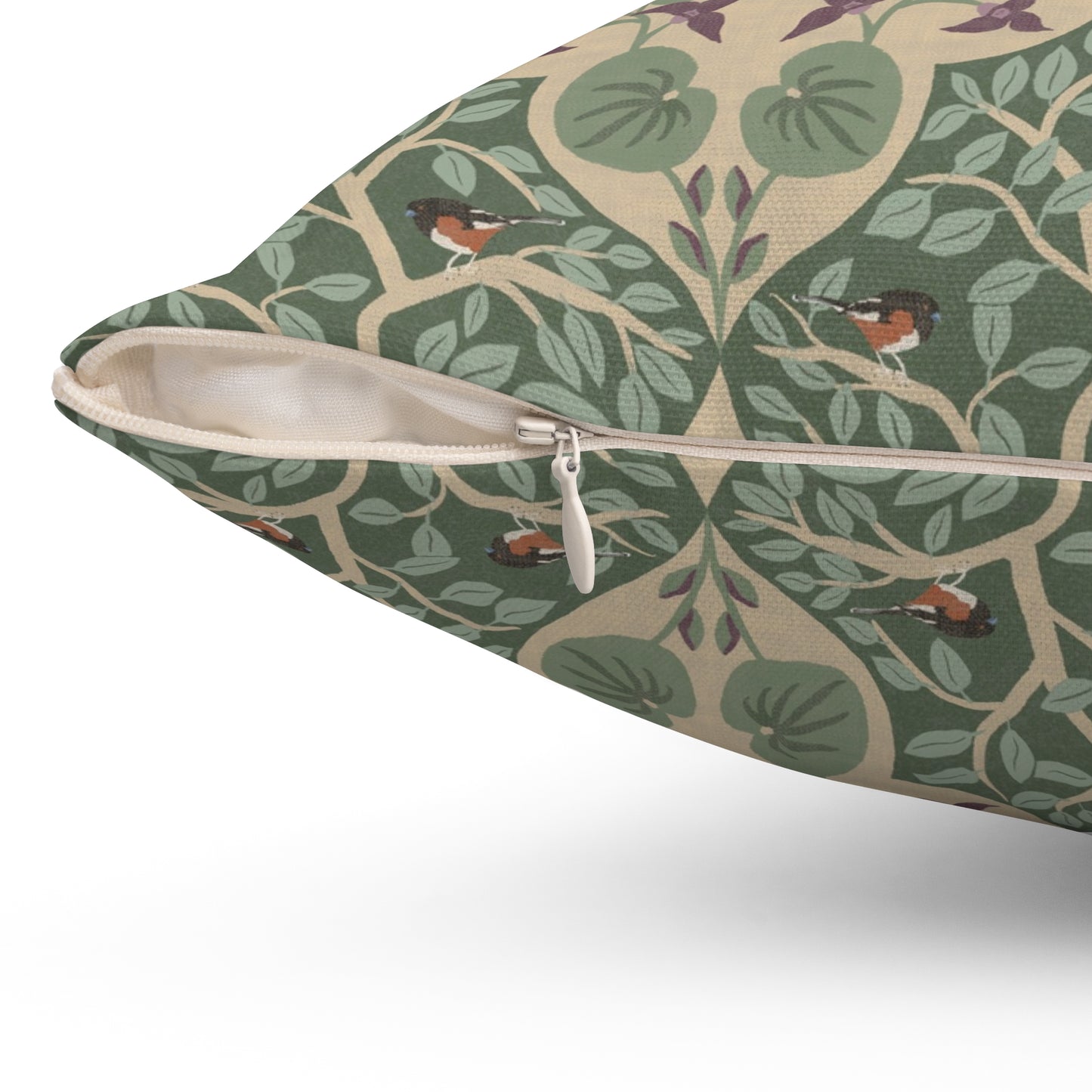Wild Ginger, Beech Tree and Towhee Sparrows Spun Polyester Square Pillow