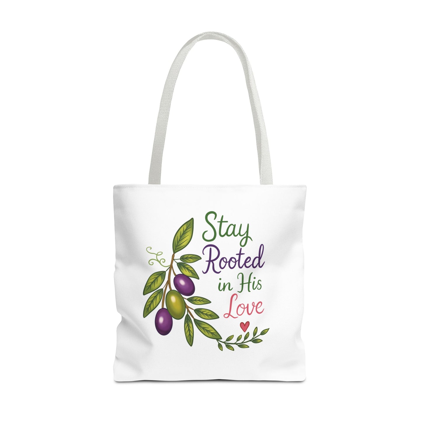 Stay Rooted in His Love Tote Bag — Faith-Based Olive Branch Canvas Tote