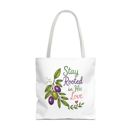 Stay Rooted in His Love Tote Bag — Faith-Based Olive Branch Canvas Tote