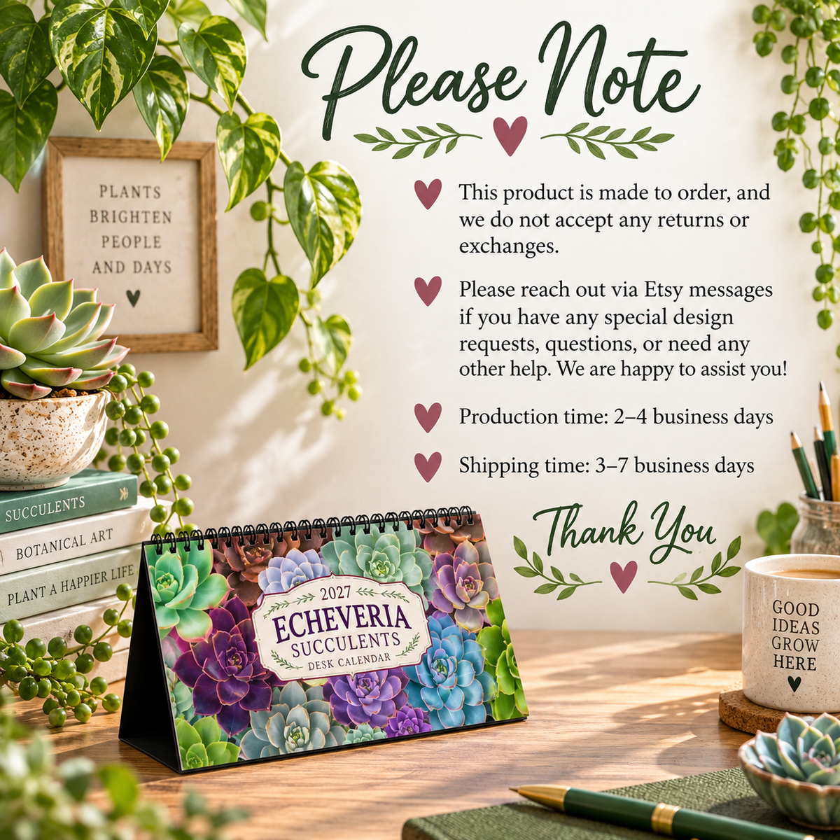 2027 Echeveria Succulents Desk Calendar | Colorful Botanical Art Calendar | Succulent Lover Gift | Small Desk Calendar | Plant Lover Gift
