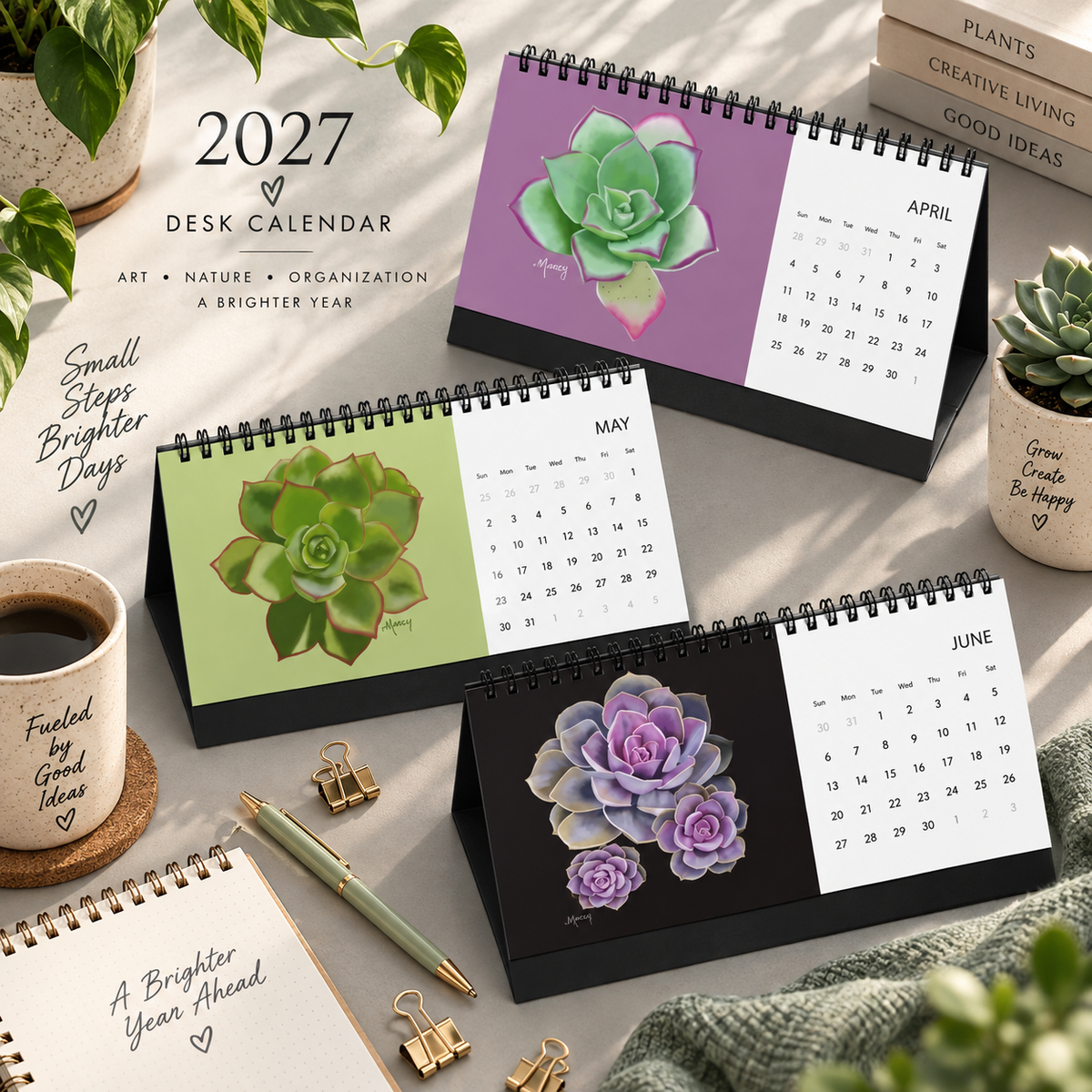 2027 Echeveria Succulents Desk Calendar | Colorful Botanical Art Calendar | Succulent Lover Gift | Small Desk Calendar | Plant Lover Gift