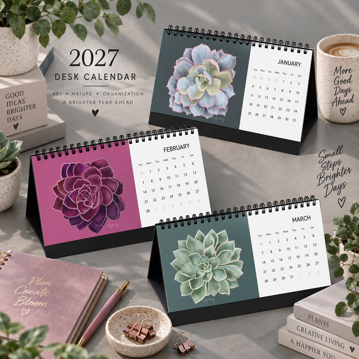 2027 Echeveria Succulents Desk Calendar | Colorful Botanical Art Calendar | Succulent Lover Gift | Small Desk Calendar | Plant Lover Gift