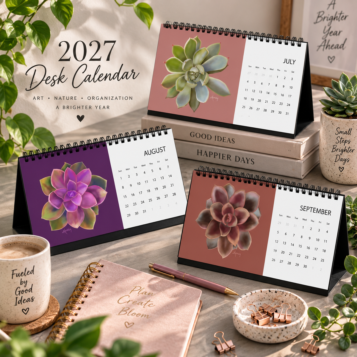 2027 Echeveria Succulents Desk Calendar | Colorful Botanical Art Calendar | Succulent Lover Gift | Small Desk Calendar | Plant Lover Gift