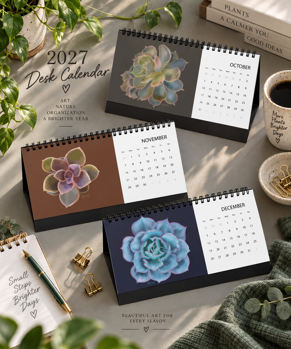 2027 Echeveria Succulents Desk Calendar | Colorful Botanical Art Calendar | Succulent Lover Gift | Small Desk Calendar | Plant Lover Gift