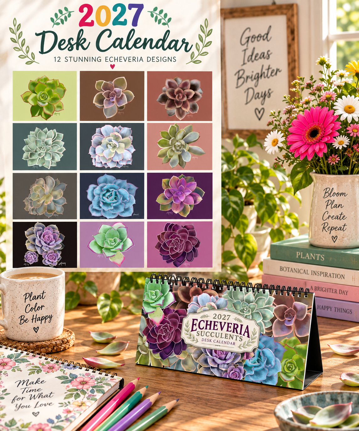 2027 Echeveria Succulents Desk Calendar | Colorful Botanical Art Calendar | Succulent Lover Gift | Small Desk Calendar | Plant Lover Gift