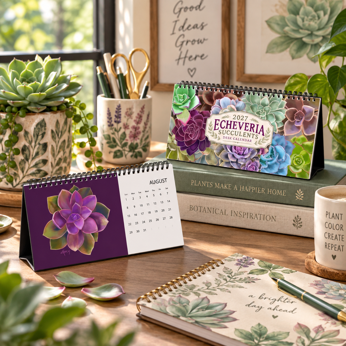 2027 Echeveria Succulents Desk Calendar | Colorful Botanical Art Calendar | Succulent Lover Gift | Small Desk Calendar | Plant Lover Gift