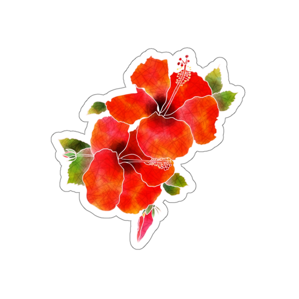 Red Hibiscus with Bude and Leaves Die-Cut Stickers