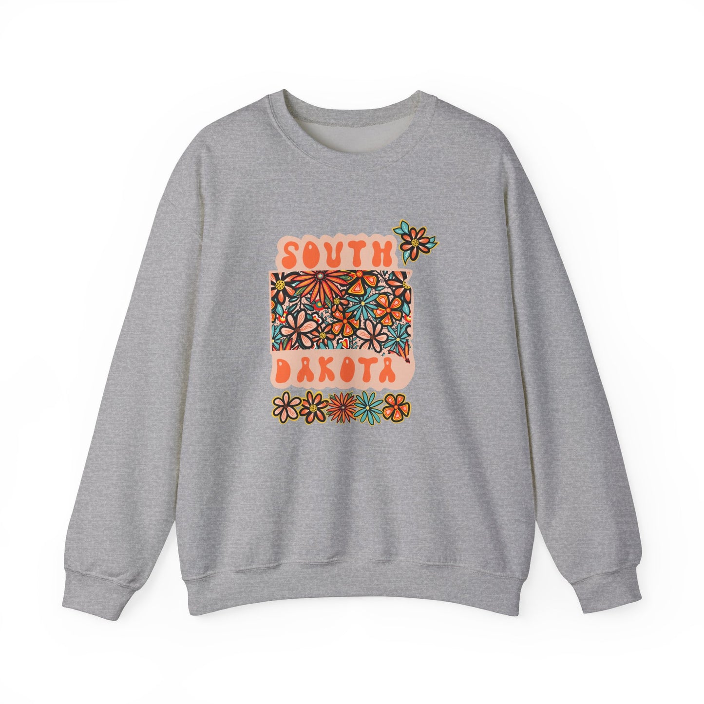 Retro 70s Flowers South Dakota State Design — Heavy Blend™ Crewneck Sweatshirt