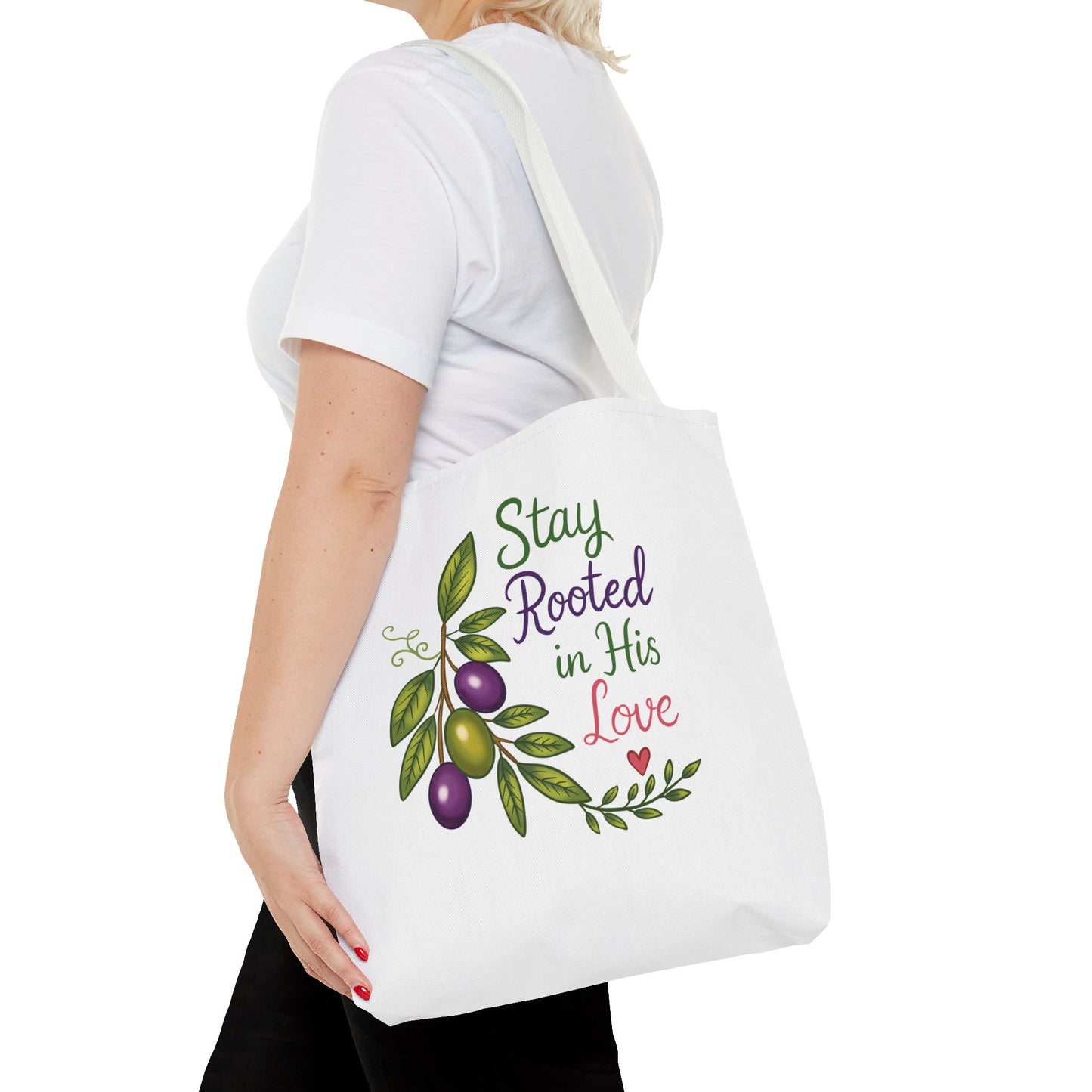 Stay Rooted in His Love Tote Bag — Faith-Based Olive Branch Canvas Tote