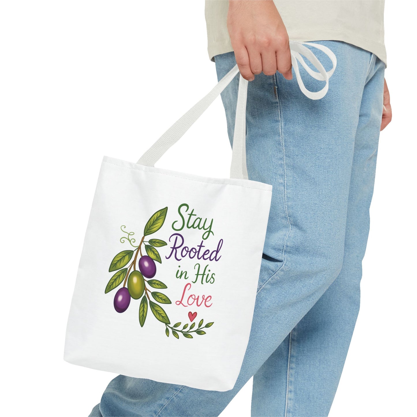 Stay Rooted in His Love Tote Bag — Faith-Based Olive Branch Canvas Tote