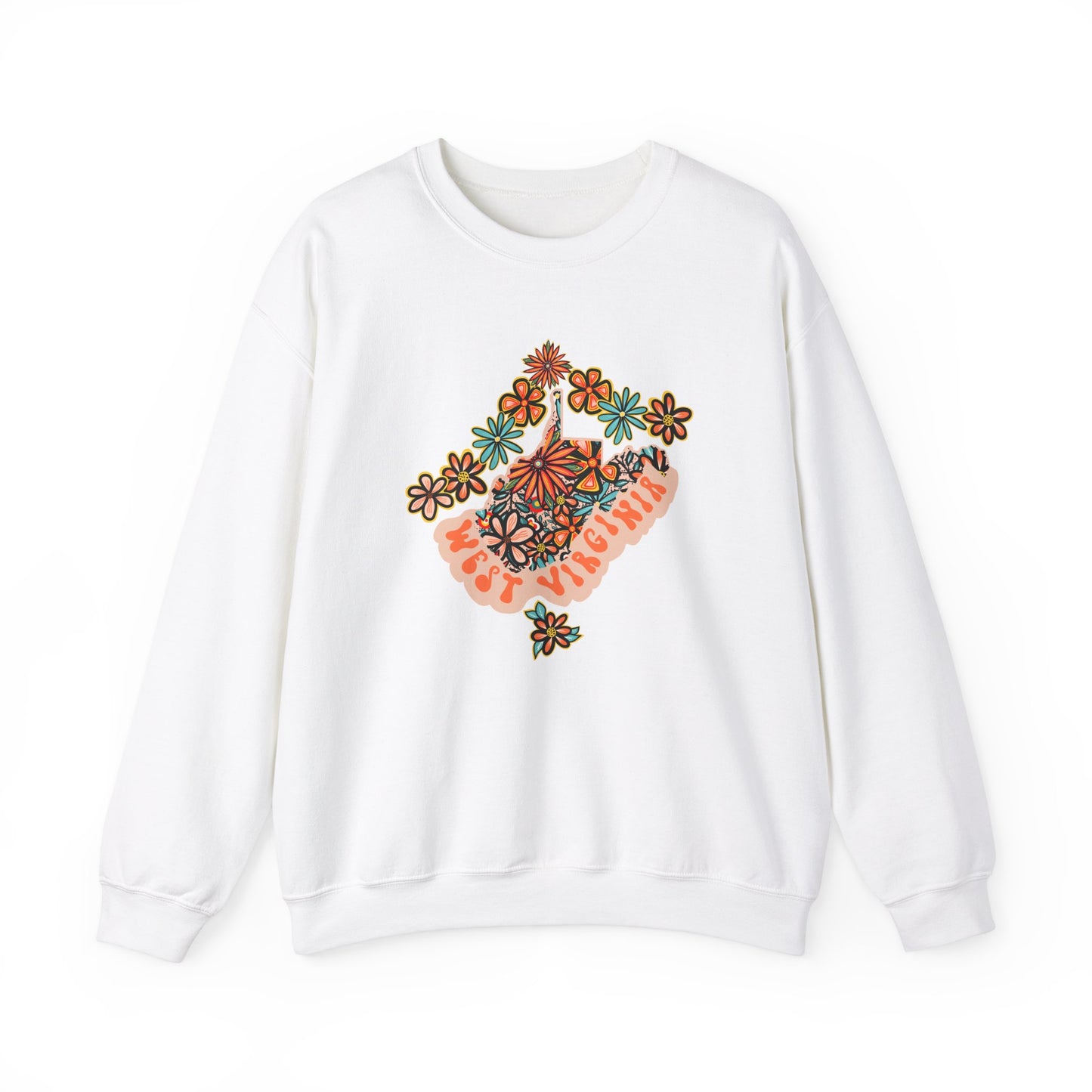 Retro 70s Flowers West Virginia State Design — Heavy Blend™ Crewneck Sweatshirt