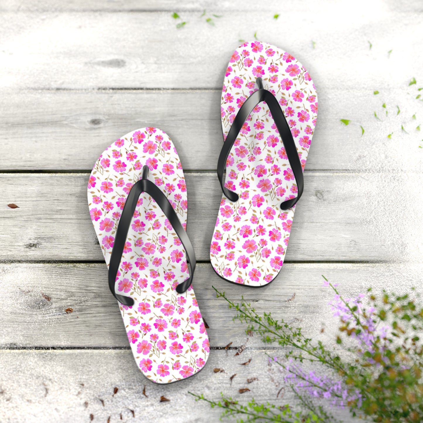 Hot Pink Wild Roses Flip Flops