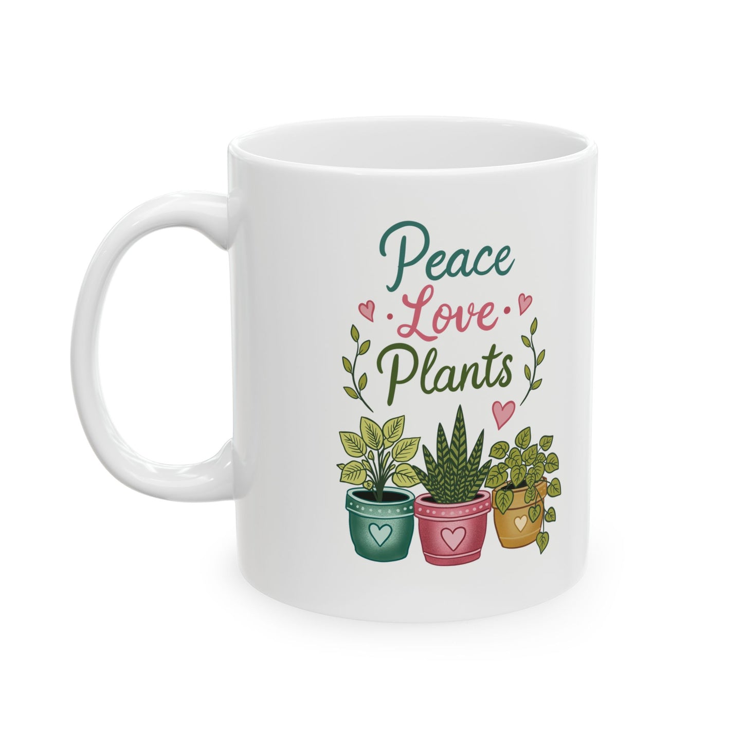 Inspirational Floral Ceramic Mug — "Peace Love Plants" Coffee Cup (11oz & 15oz)