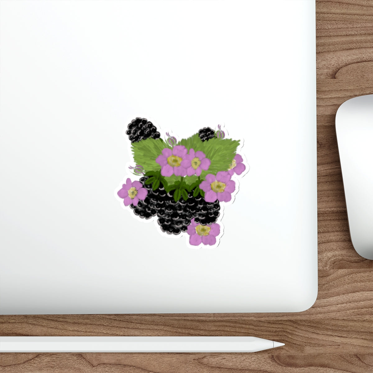 Blackberry Patch - Blackberries with Leaves and Flowers Die Cut Sticker