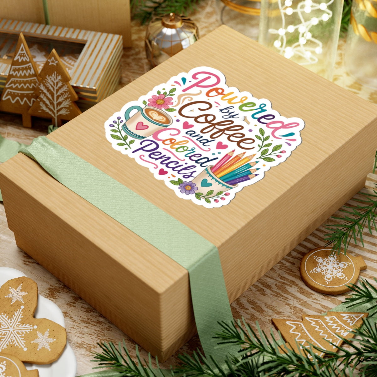 Sticker — Powered by Coffee and Colored Pencils (Artist/Teacher Laptop Sticker)