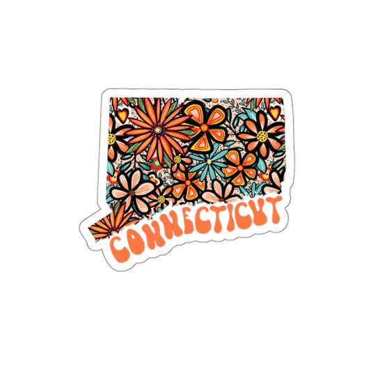 Connecticut State Sticker | Vinyl Artist Designed Illustration Featuring Connecticut State Outline Filled With Retro Flowers with Retro Hand-Lettering Die-Cut Stickers