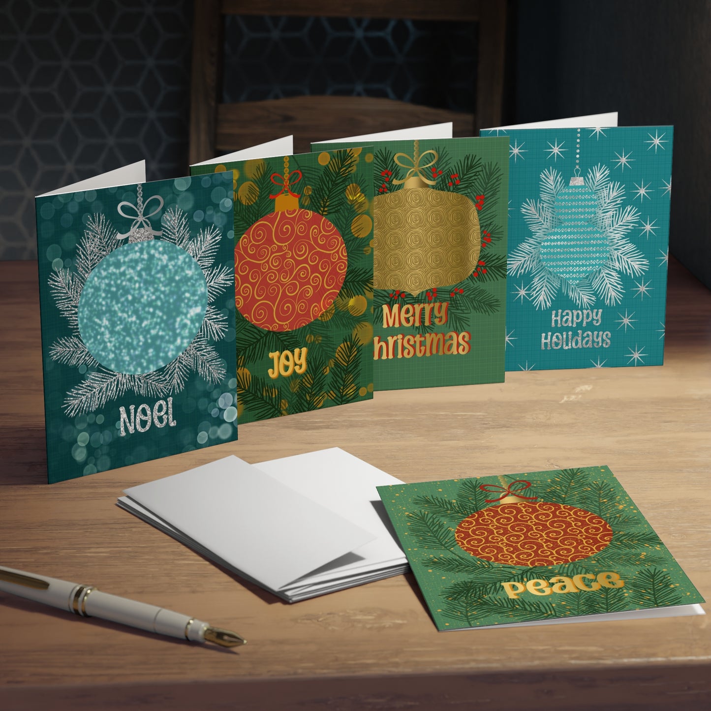 Glittering Holiday Bauble Cards with Five Different Designs — Multi-Design Greeting Cards (5-Pack) with Envelopes - FREE SHIPPING