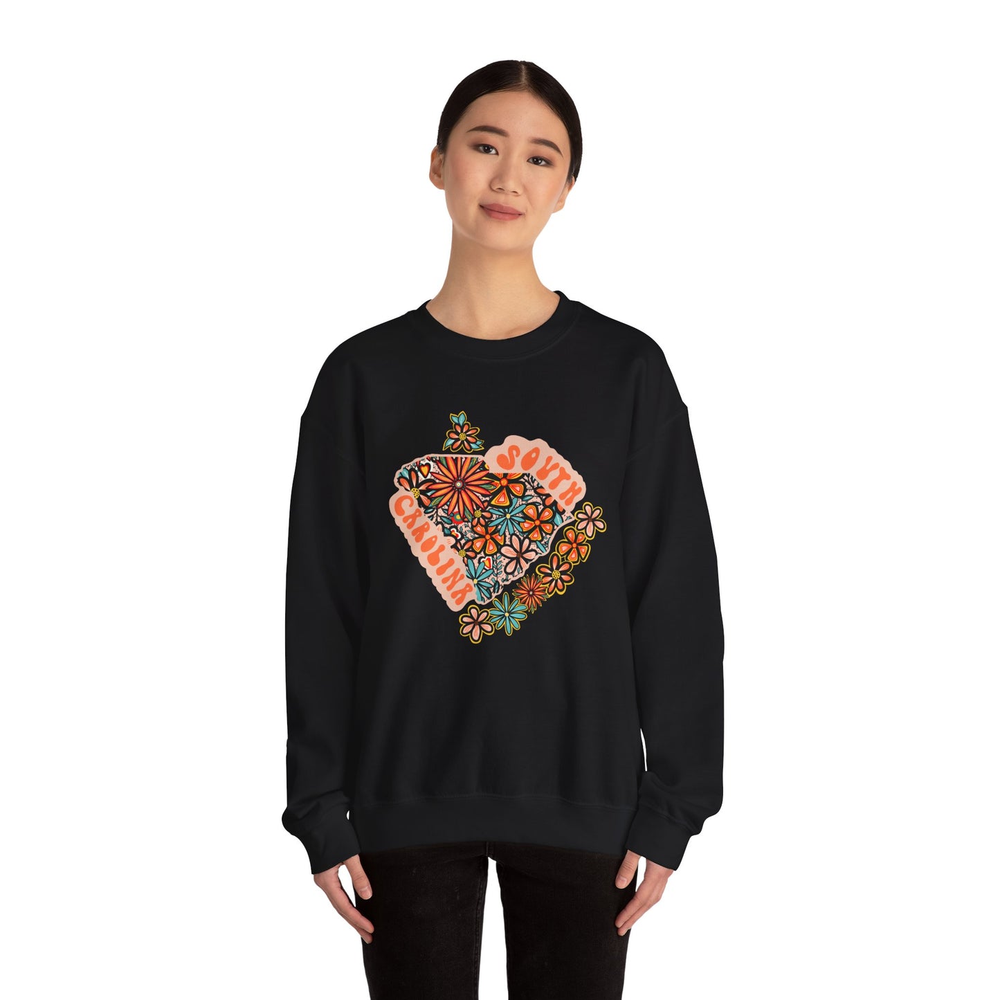 Retro 70s Flowers South Carolina State Design — Heavy Blend™ Crewneck Sweatshirt